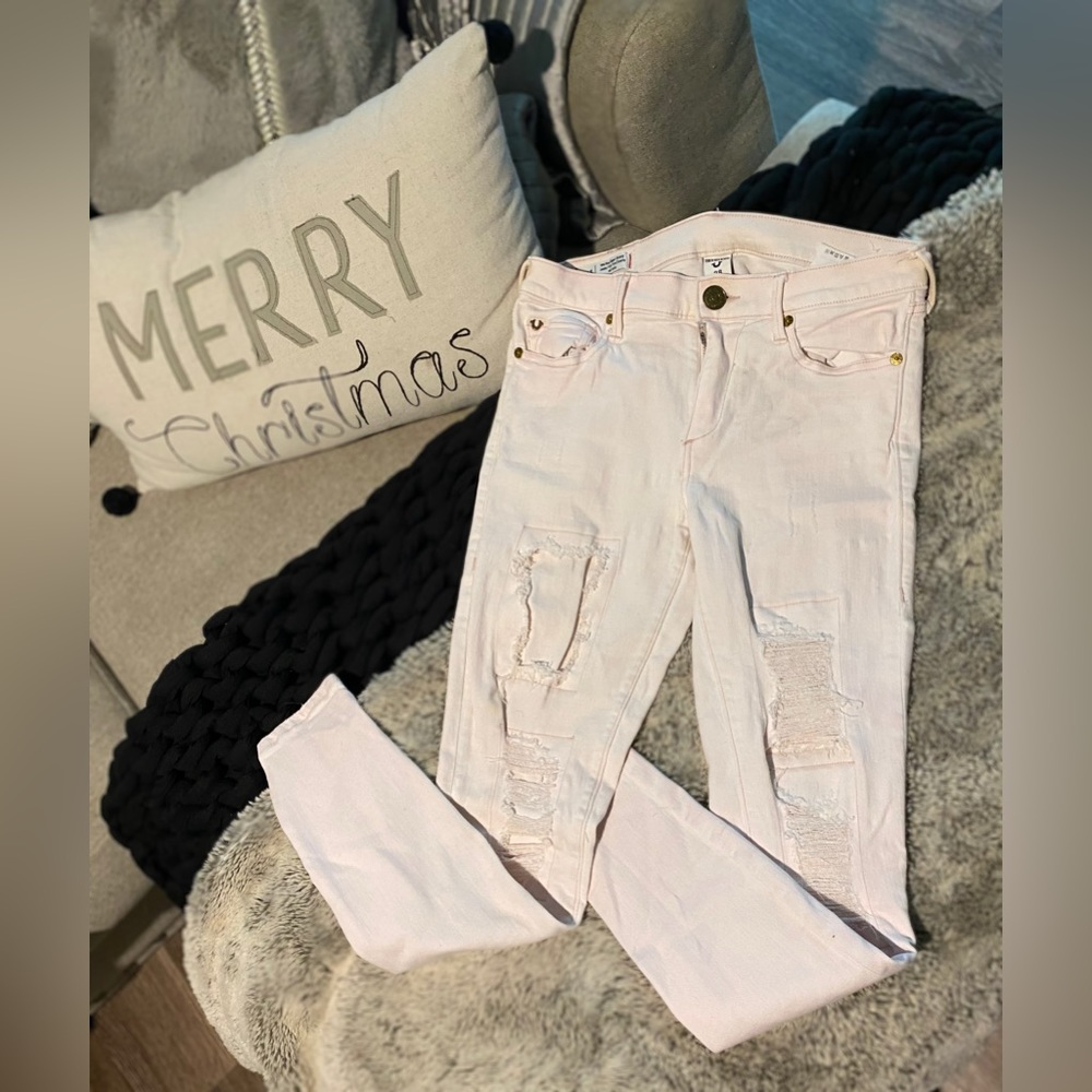 True, religion, light, pink distressed  (not holy )skinny jean size 28